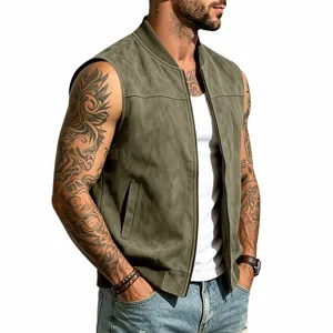 Herren olivgrüne Veloursleder ärmellose Weste, lässiger Streetwear Bomber Stil.