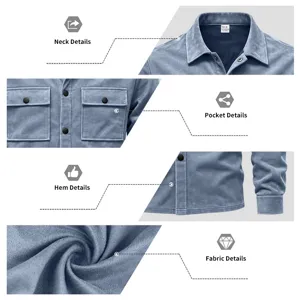 Détail de veste de chemise en suédine pour homme avec col à revers classique, deux poches.