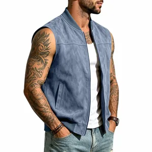 Herren blaue Wildleder Weste Baseball Kragen ärmellose Jacke Sommer Freizeit Bekleidung Detailansicht