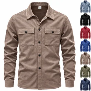 Chaqueta Camisa Casual de Gamuza para Hombre Color Sólido Solapa Manga Larga Con Doble Bolsillo en el Pecho Ajuste Holgado