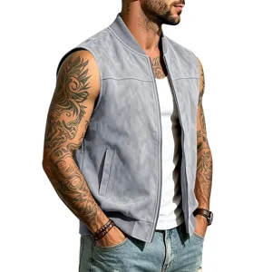 Herren graue Wildleder Weste Detail, ärmellose Reißverschluss Baseball Kragen Jacke.