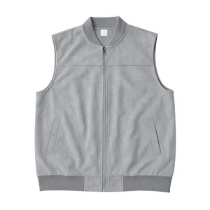 Herren Lässige Grau Wildleder Reißverschluss Weste Ärmellos Baseball Kragen Jacke Top