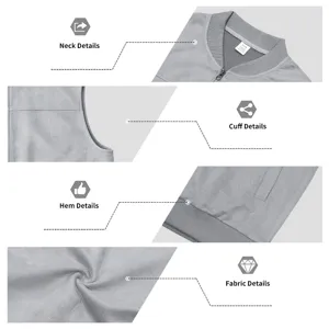 Herren graue Wildleder Weste Detailansicht mit Baseballkragen, ärmellosem Design und weichem Stoff.