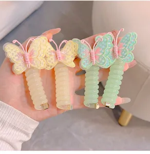 Korean style cute telephone wire hair ties with embroidered butterfly bows for kids accessories