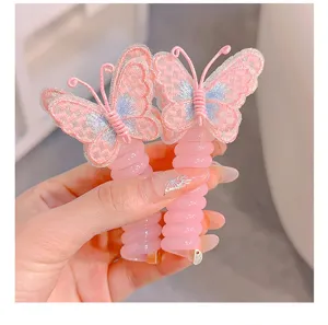 Pink butterfly telephone wire hair ties detail, cute embroidered mesh bow hair rope.