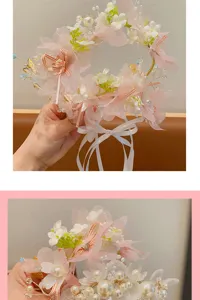 Children pink flower crown headband with pearls and ribbons for wedding party girls hair accessories
