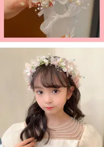 Children floral crown pearl headband with white ribbon, perfect for flower girl wedding party.