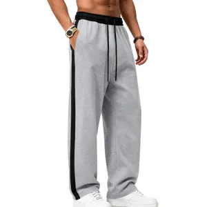 Men's grey wide-leg sweatpants with black side stripes, casual elastic drawstring sports pants.