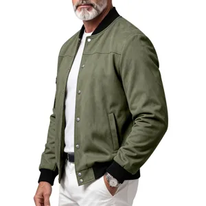 Side view detail of men's olive green faux suede bomber jacket with ribbed cuffs and snaps.
