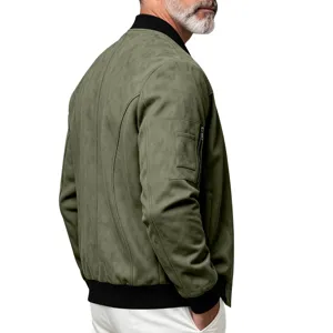Mens faux suede bomber jacket with ribbed collar detail and sleeve pocket design.