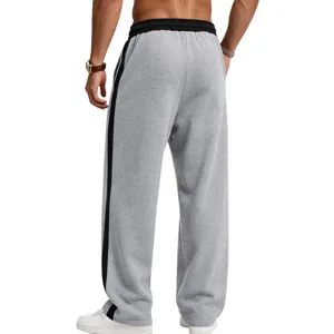 Men grey wide-leg sweatpants with contrast black side stripes, heavyweight knit casual long pants.