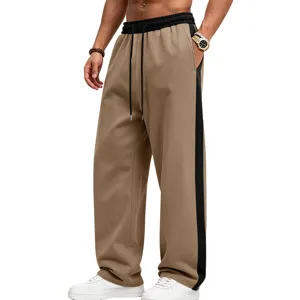 Men's fleece-lined wide-leg sweatpants with contrast side stripes, heavy knit casual pants.