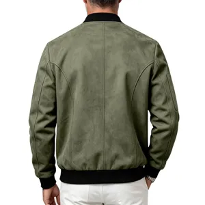 Back detail of men's olive green faux suede bomber jacket with ribbed collar and cuffs.