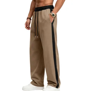 Men's fleece-lined wide leg sweatpants with contrast side stripes, casual winter trousers.