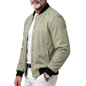 Close-up detail of the light green faux suede bomber jacket featuring snap buttons and ribbed trim.