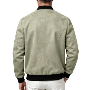 Back view detail of men faux suede bomber jacket featuring black ribbed collar and cuffs.