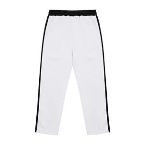 Men fleece-lined wide leg sweatpants with black side stripes, casual loose knit trousers.