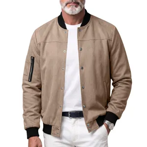 Close-up detail of men khaki faux suede bomber jacket with snap buttons and cuffs.