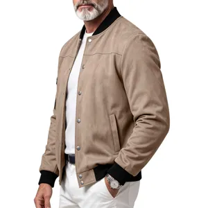 Men faux suede bomber jacket detail view, snap button closure, ribbed collar cuffs.
