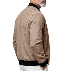 Men faux suede bomber jacket with ribbed cuffs and stand collar, casual outdoor outerwear.