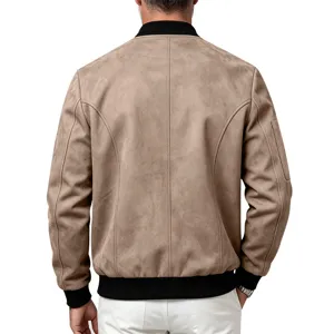 Back view detail of men faux suede bomber jacket featuring black ribbed collar and cuffs.