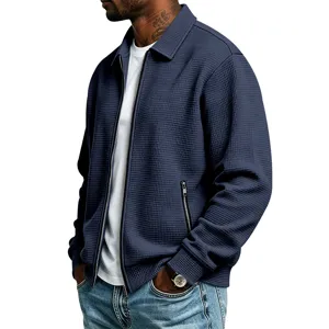 Heren Waffel gebreide jas met rits casual revers bovenkleding lange mouwen top