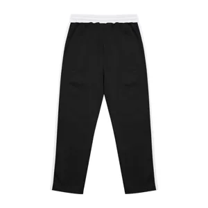 Detailed view of heavyweight knit fleece-lined wide-leg sweatpants, black with white side stripes.