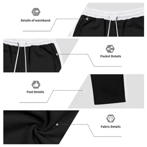 Close-up details of mens casual sweatpants showing elastic waistband, pockets, and knit fabric.