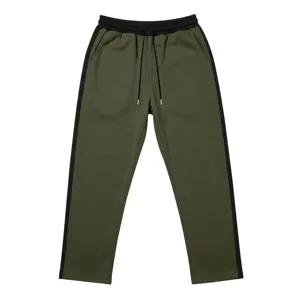 Army green knit sweatpants detail showing black side stripes, elastic waistband and drawstrings.