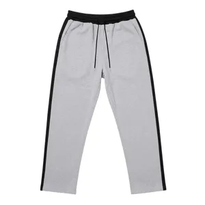Grey fleece-lined wide-leg sweatpants detail view, showcasing contrast side stripe and drawstring.
