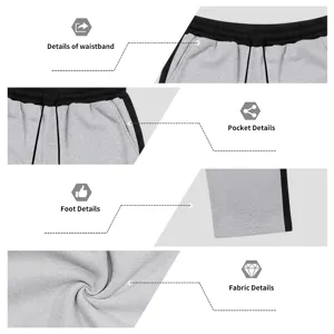 Detailed view of men contrast color fleece sweatpants waistband pocket and soft fabric.