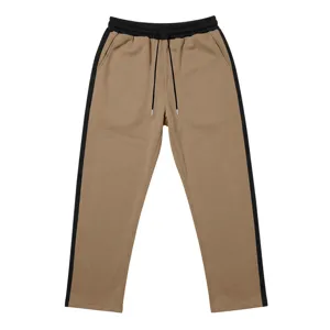 Men's fleece-lined sweatpants with side stripes, casual loose knit long trousers detail view.