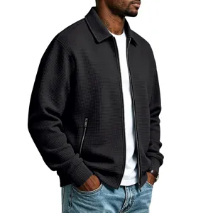 Heren zwarte wafelstructuur jas rits revers cardigan casual streetwear mode kleding