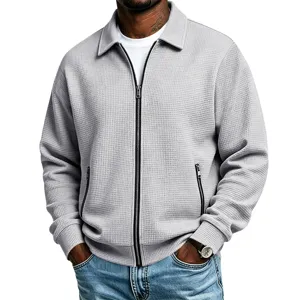 Heren grijze wafelstrik revers jas met rits casual stijl mode detailweergave top.