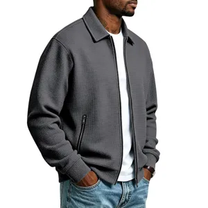 Grijze heren wafelstof jas met reverskraag en ritssluiting voor dagelijkse casual look.