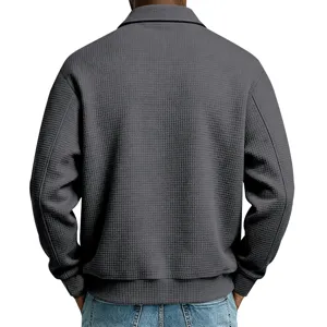 Heren donkergrijze wafeltricot jas revers rits casual bovenkleding jas achterkant