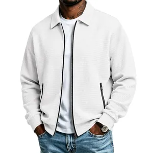 Heren Wafel Gebreide Jas Casual Lange Mouw Revers Volledige Rits Bovenkleding Herfst Sport Slim Fit Dagelijkse Jas