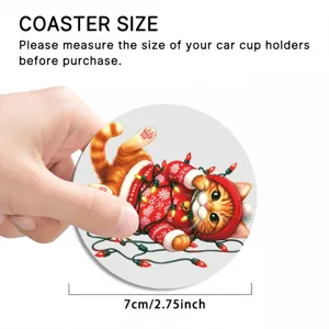 Christmas cat car coaster 7cm round absorbent drink mat for auto cup holders holiday decor