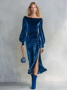 Women Elegant Off Shoulder Velvet Long Sleeve Midi Dress High Waist Split Slim Fit Evening Party Gown