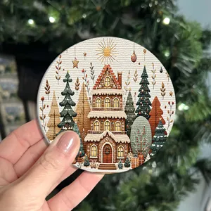 Festive Christmas gingerbread house ceramic coaster, perfect holiday table decor for home and cafe.