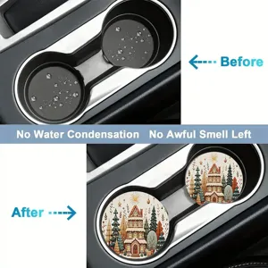 Christmas car cup holder coasters absorbent ceramic winter house pattern drink coasters for auto
