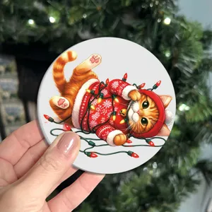 Cute Christmas cat ceramic coaster for mug drinks table protection holiday home decor item.