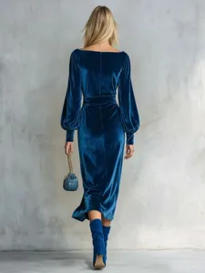 Stunning blue velvet midi dress featuring chic off-shoulder design and stylish lantern sleeves.