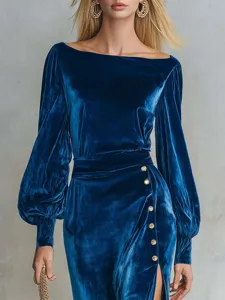 Exquisite velvet texture detail of the off-the-shoulder long sleeve dress side slit.