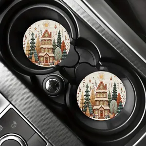 Christmas car coasters set of two, cute gingerbread house design for auto cup holders.