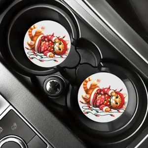 Cute Christmas cat car coasters set, absorbent ceramic drink coasters for auto cup holders.