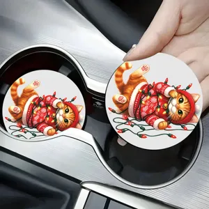 Christmas Cat Silicone Car Coaster Cute Cartoon Holiday Drink Mat Non-Slip Table Coaster For Auto Interior Home Decor