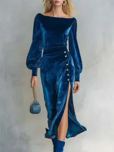 Royal blue velvet off-shoulder long sleeve dress with side slit and chic gold buttons.
