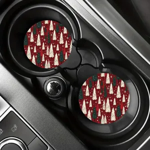 Christmas car cup coasters set, red festive pine tree pattern for auto interior decor.