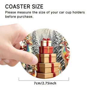 Detailed view of the Christmas car coaster featuring festive reindeer and colorful gift box art.
